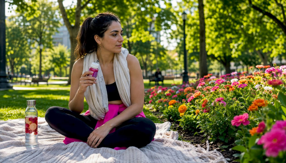 Woman holding caffeine-free energy supplement on balcony