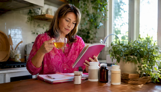 Woman consulting perimenopause supplements at kitchen table