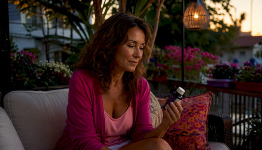 Woman reading sleep supplement label in bedroom