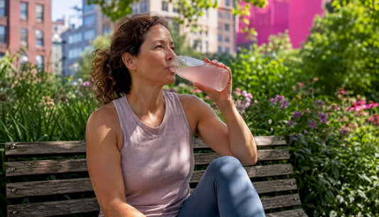 Woman drinking electrolyte beverage outdoors