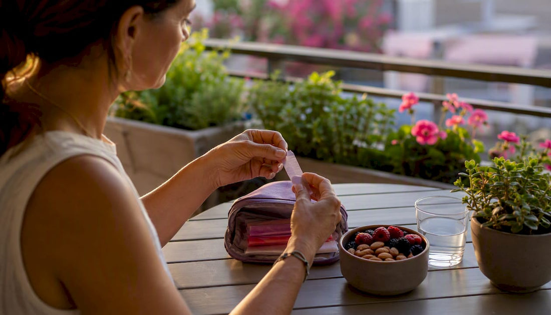Hands peeling vitamin strip with water and snack