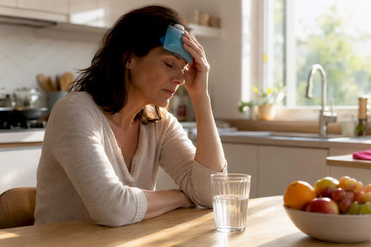 Woman using cool compress for dizziness relief
