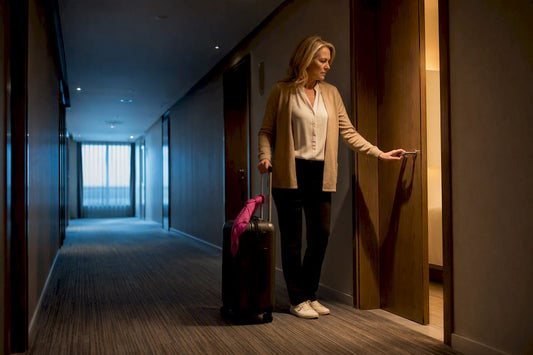 Midlife traveler pausing outside hotel room