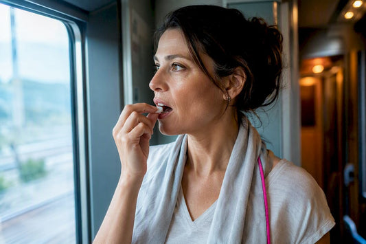 Woman using an oral strip while traveling