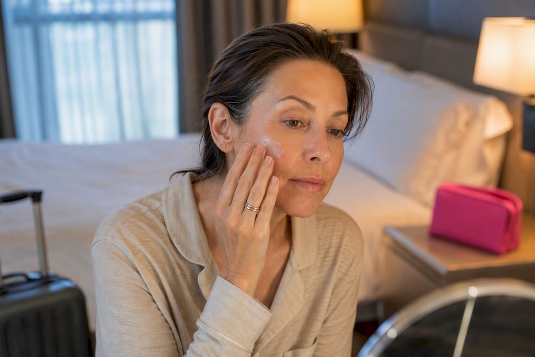 Woman applying balm to dry cheek
