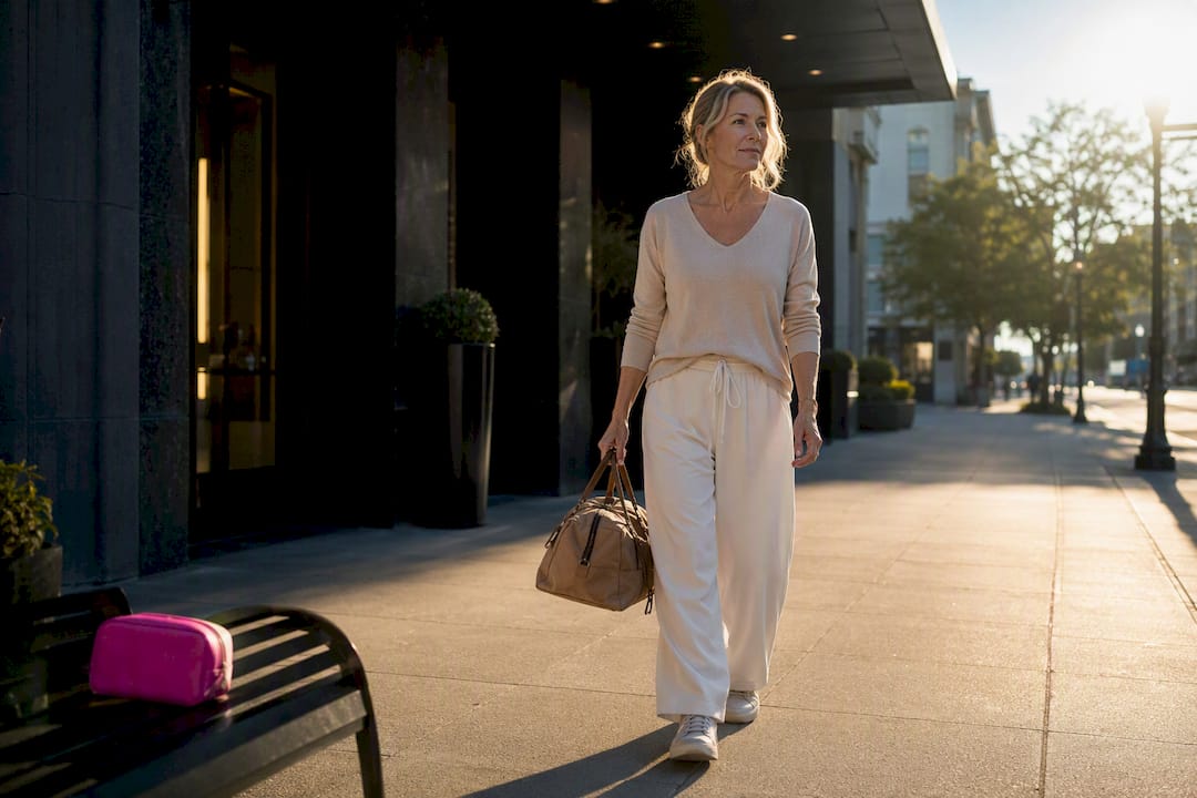Woman walking outdoors after arriving