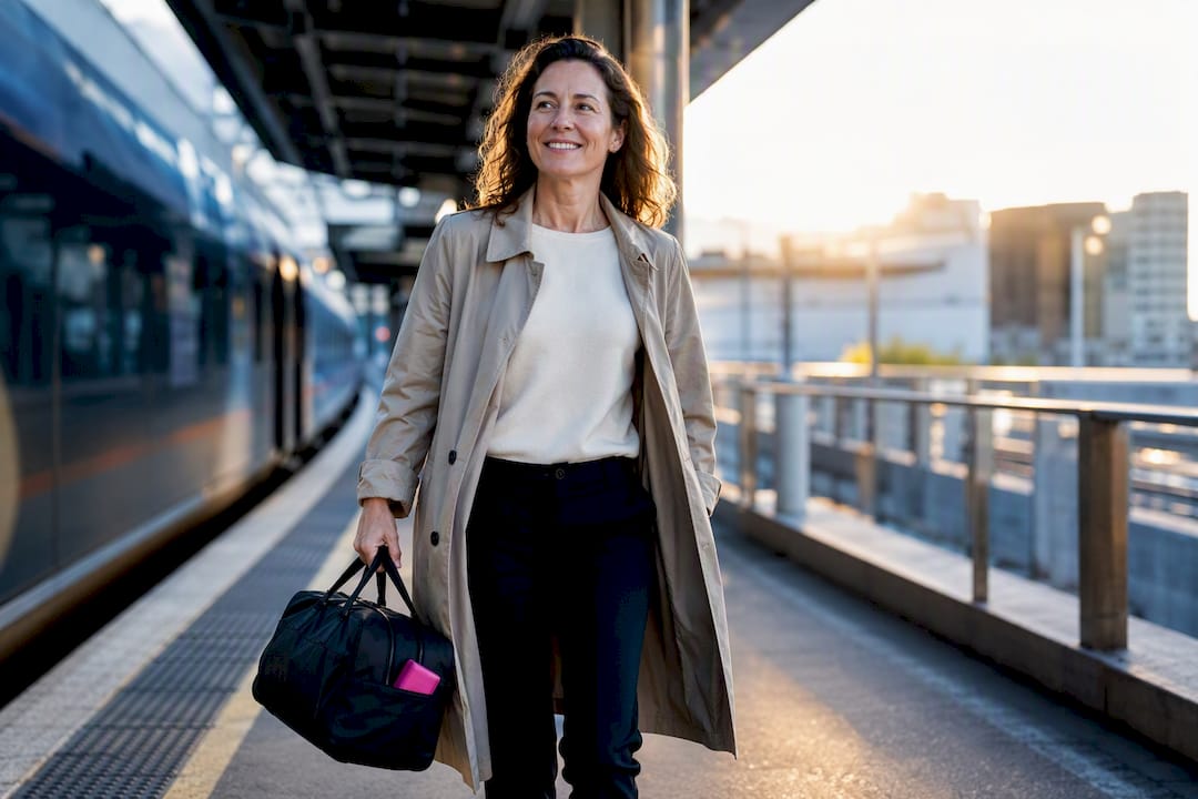 Midlife traveler arriving refreshed at train platform