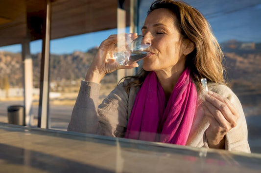 Woman drinking water after using hydration strip
