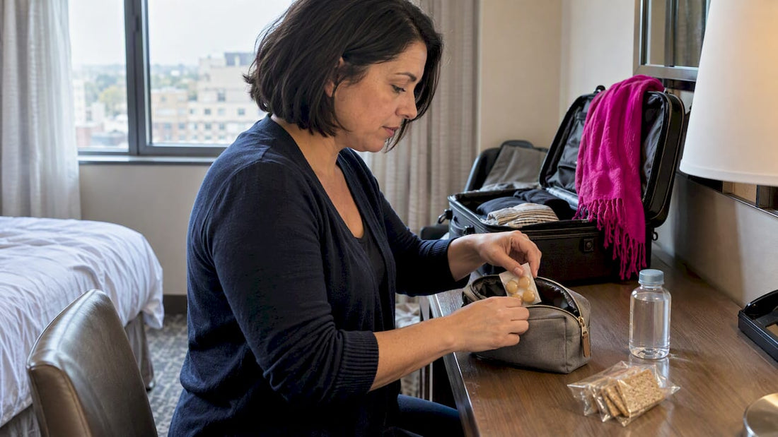 Woman packing travel items for nausea relief
