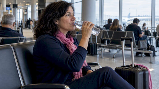 Woman taking a small sip of water at airport
