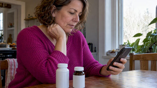 Woman checking B vitamin supplement information