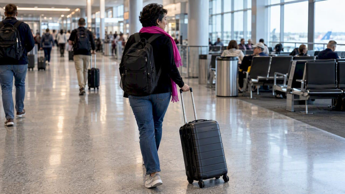 Woman pulling a suitcase through an airport