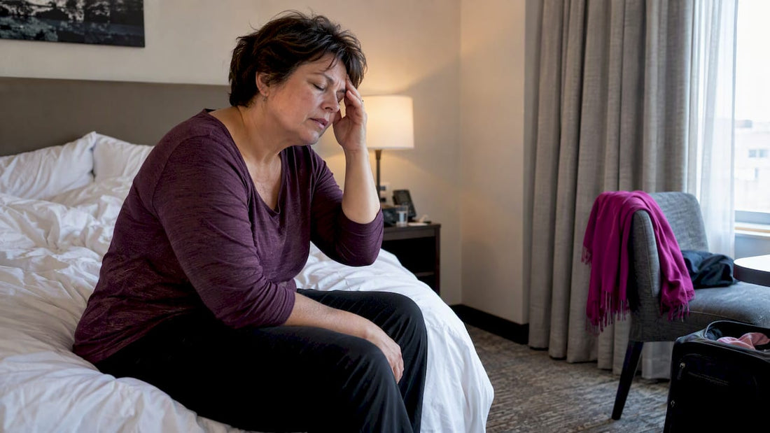 Midlife traveler resting with a migraine in hotel